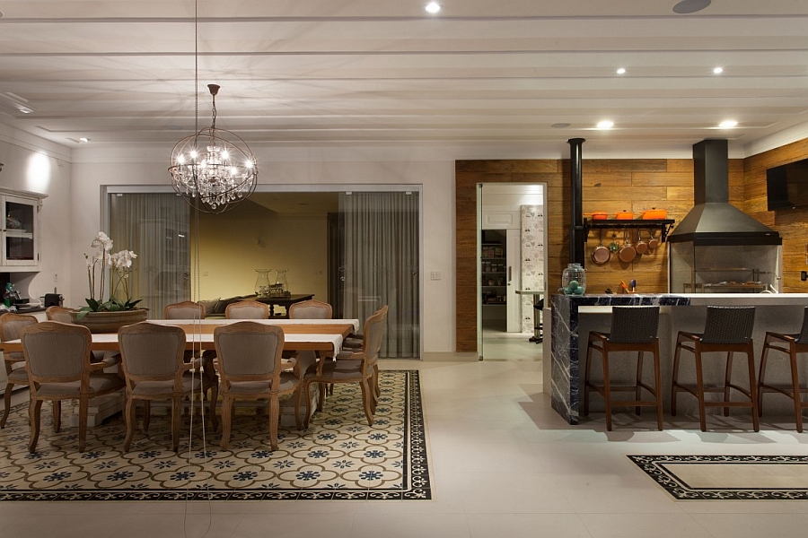 Chandelier above the dining area steals the show