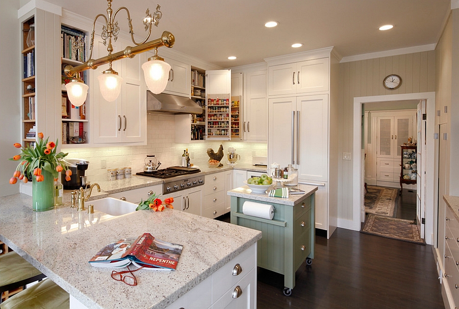 Cheerful kitchen with small island on wheels