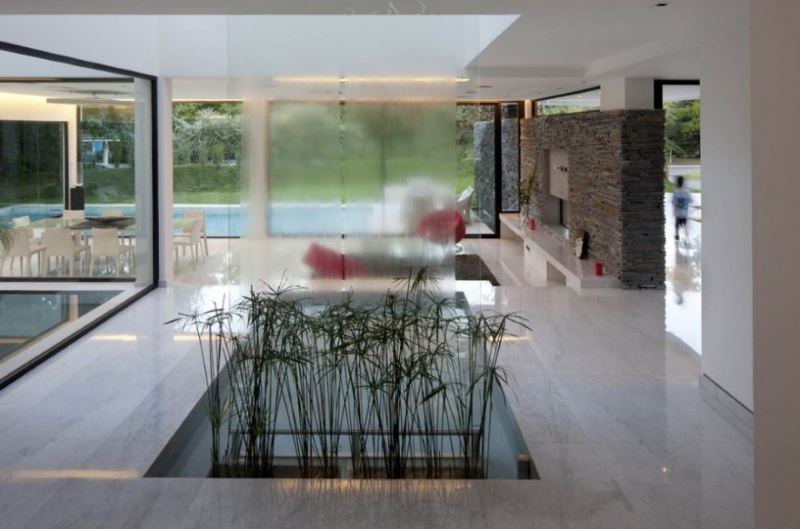 Clean lined water feature in a modern living room