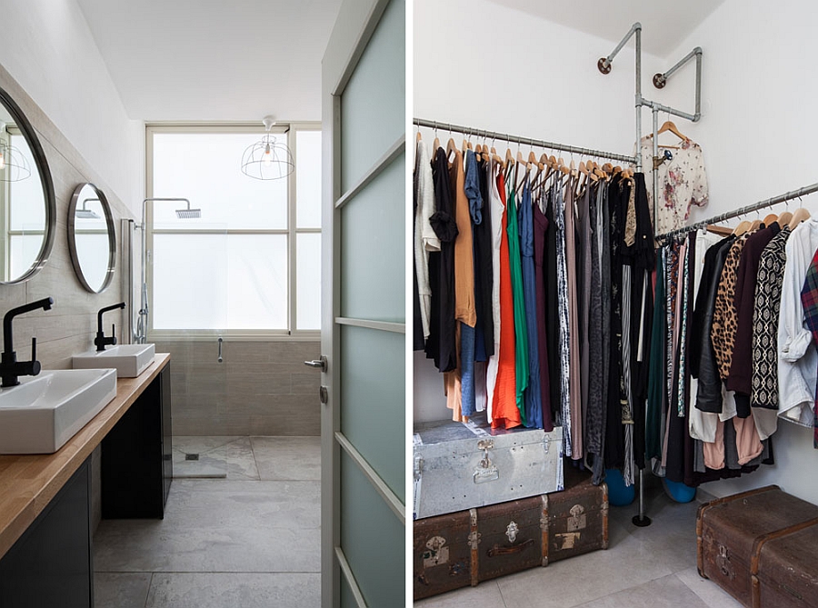 Closet and bathroom of the renovated apartment