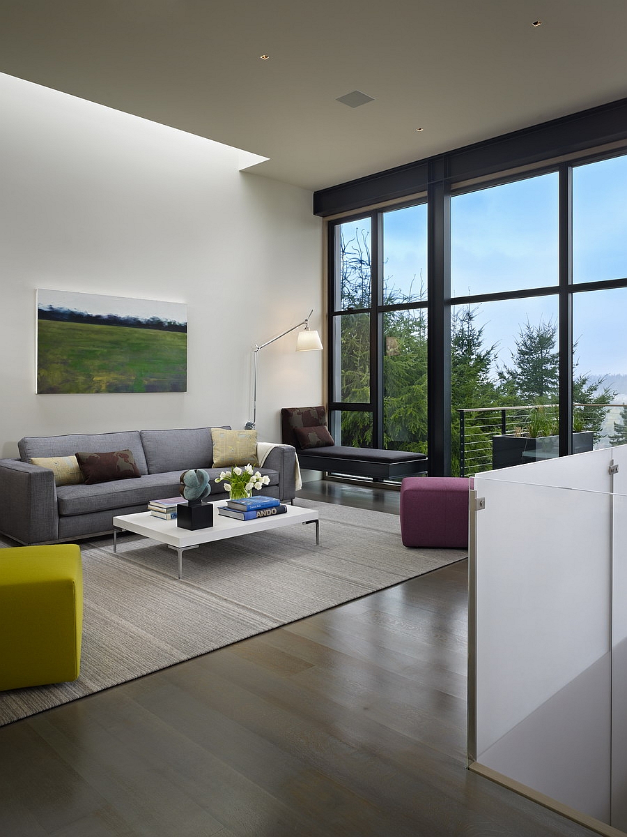 Colorful ottomans provide a versatile seating option