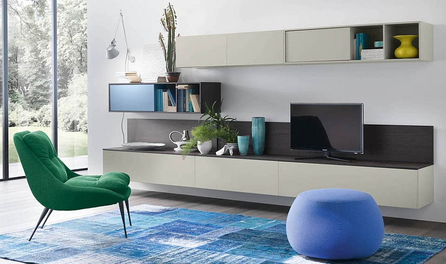 Compose a living room wall unit with minimal style