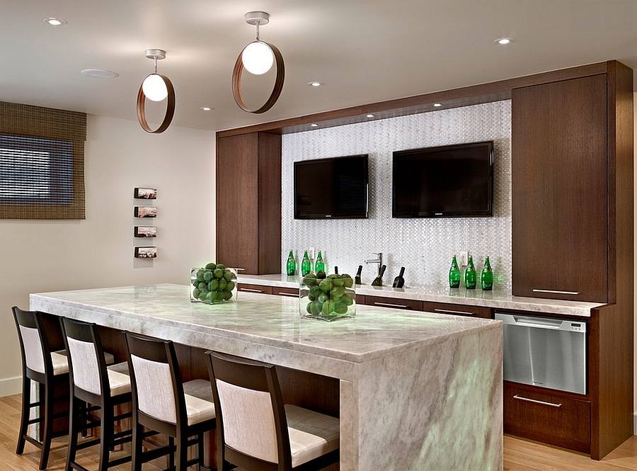 Contemporary basement bar with cool lighting [Design: Wood Inc]