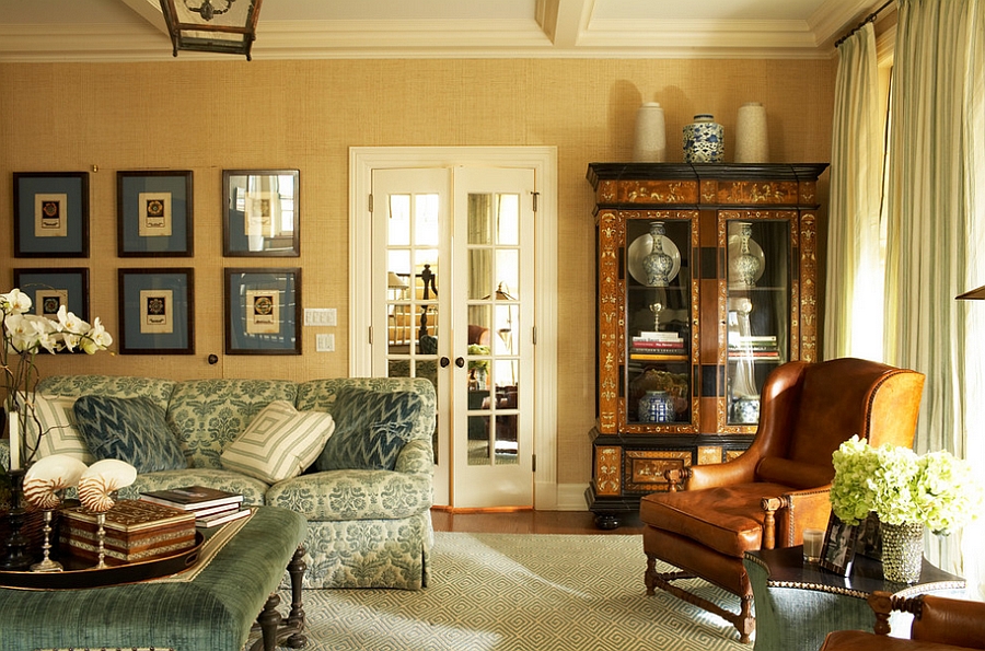 Cool grasscloth wallcovering in yellow for the living space