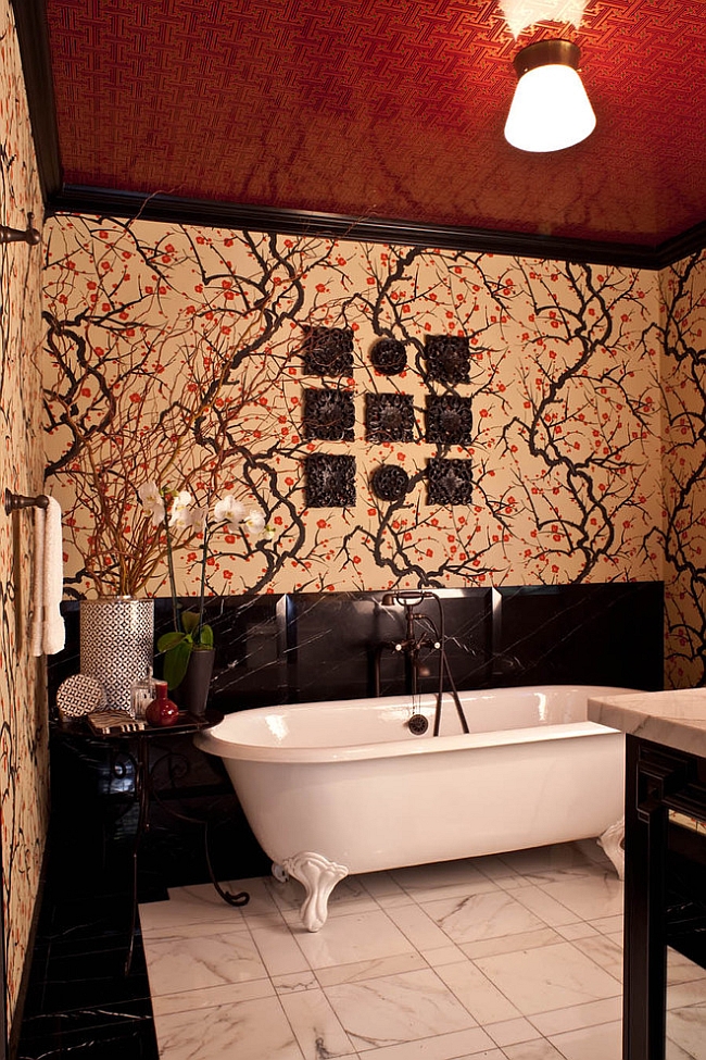 tan bathroom with red accents