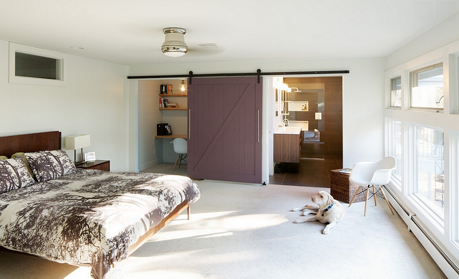 Custom barn door closes off both the home office and the bathroom [From: Design Platform]