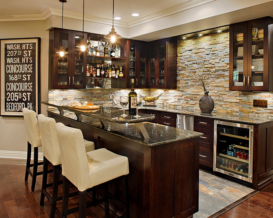 Custom basement bar complements a cool wine cellar