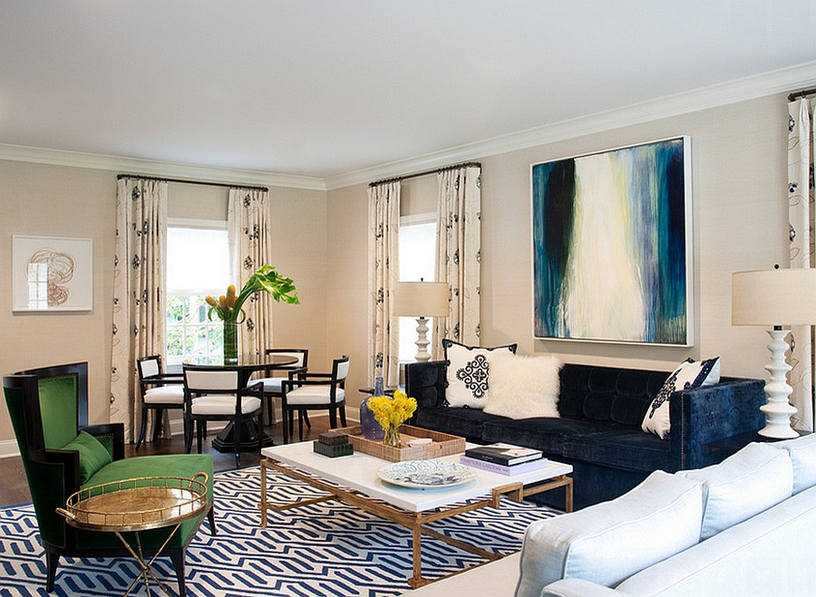 Custom coffee table and unique art work enliven the living room