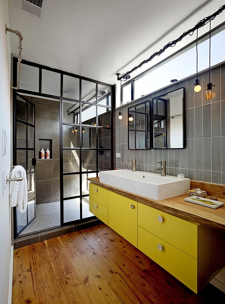 Custom shower glass door gives the bathroom a unique look [Design: Robert Nebolon Architects]