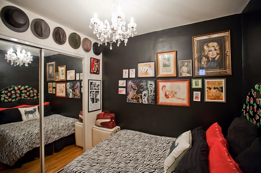 Daring use of black in the tiny studio apartment bedroom