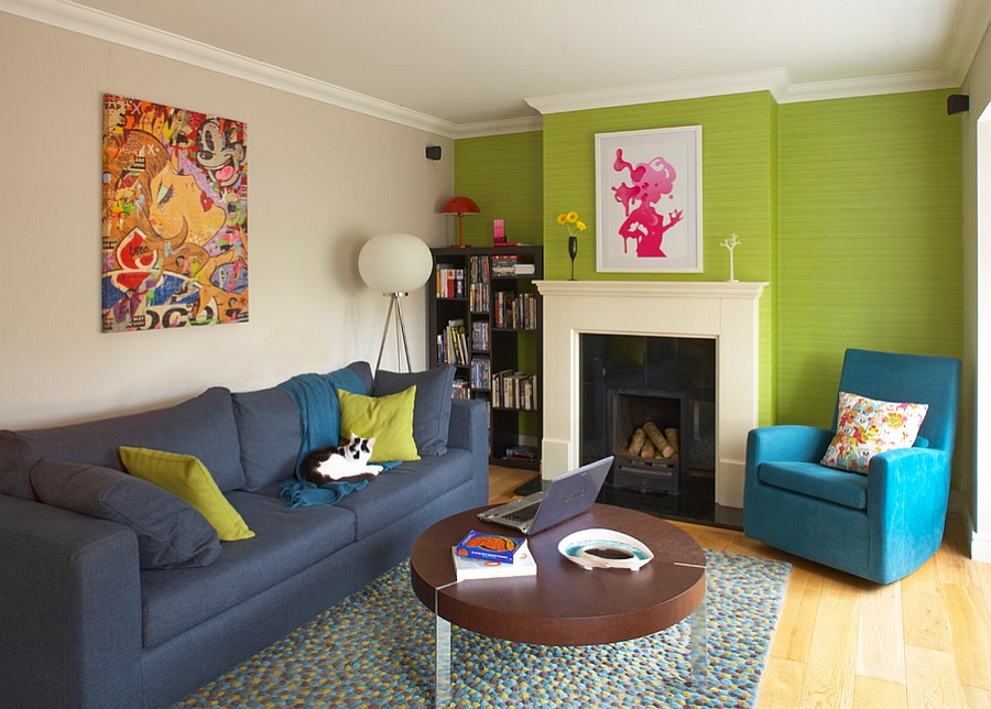 Eclectic living room with green wallpaper