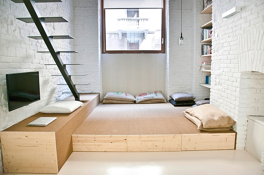 Elegant living area created using a wooden platform