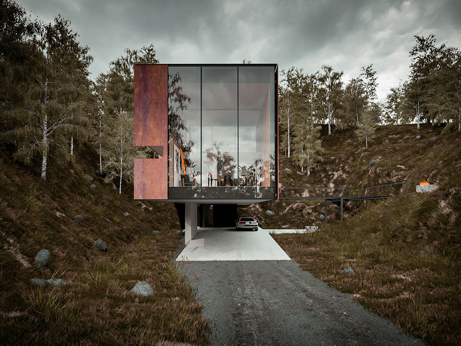 Elevation of the ingenious house draped in glass and Cor-ten sheets