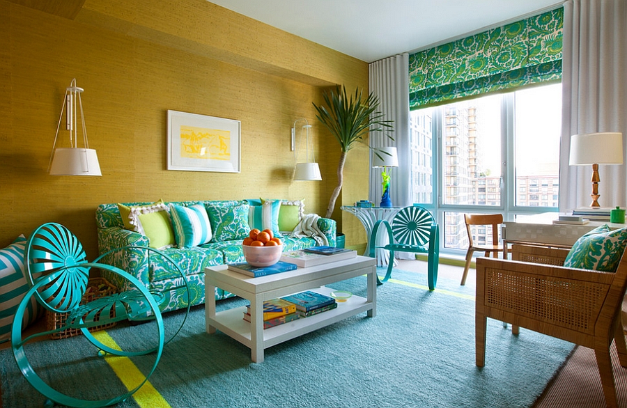 Exciting, eclectic living room in blue and yellow