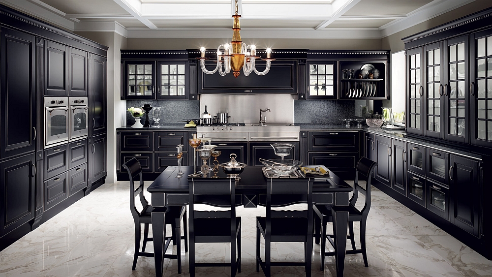 Exquisite combination of black and silver in the traditional kitchen