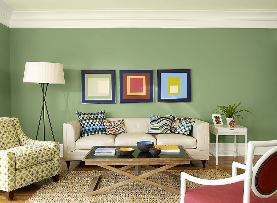 living room with sage green walls