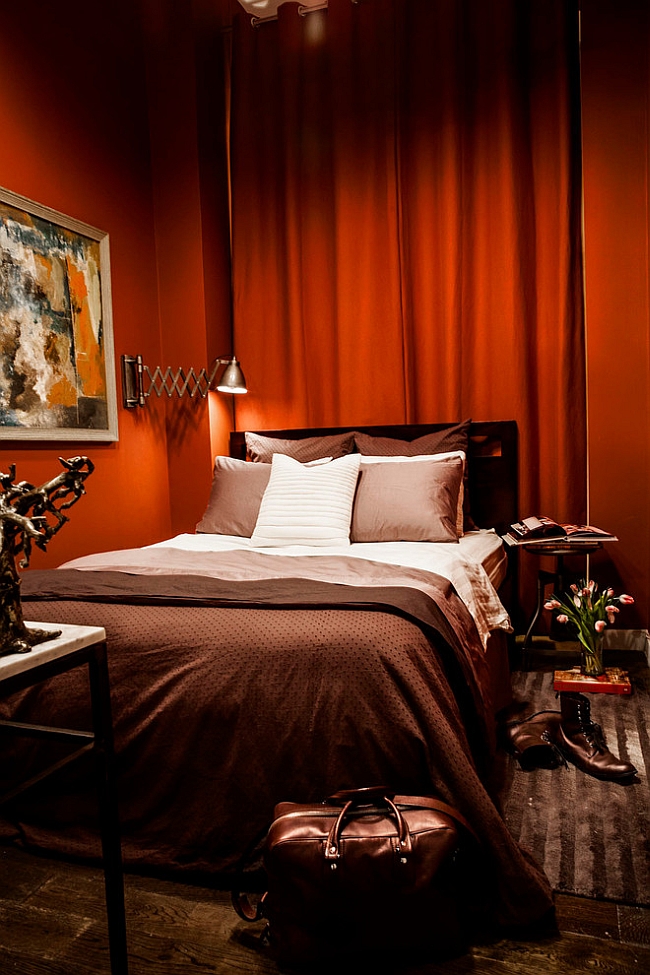 Bedroom w/ dark red walls, terracotta decor  Bedroom interior, Burgundy  bedroom, Bedroom red