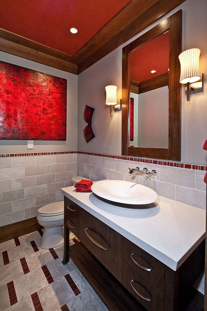 Fashionable red accents in the bathroom [Design: Jaffa Group Design Build]