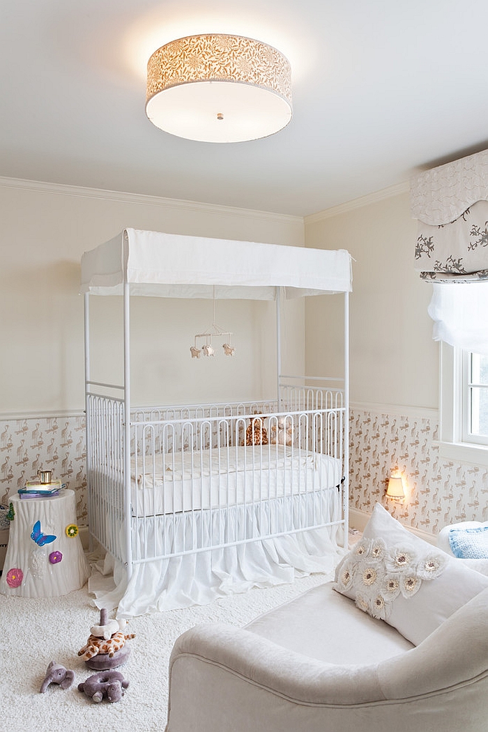 Four-poster, canopied crib in the revamped home