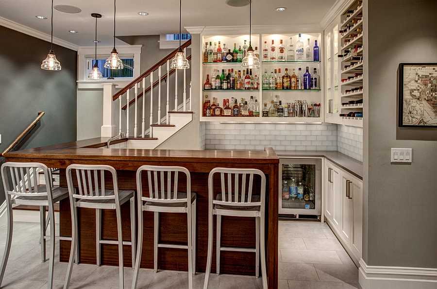 Gorgeous craftsman style basement bar with a cheerful ambiance [Design: Board and Vellum]