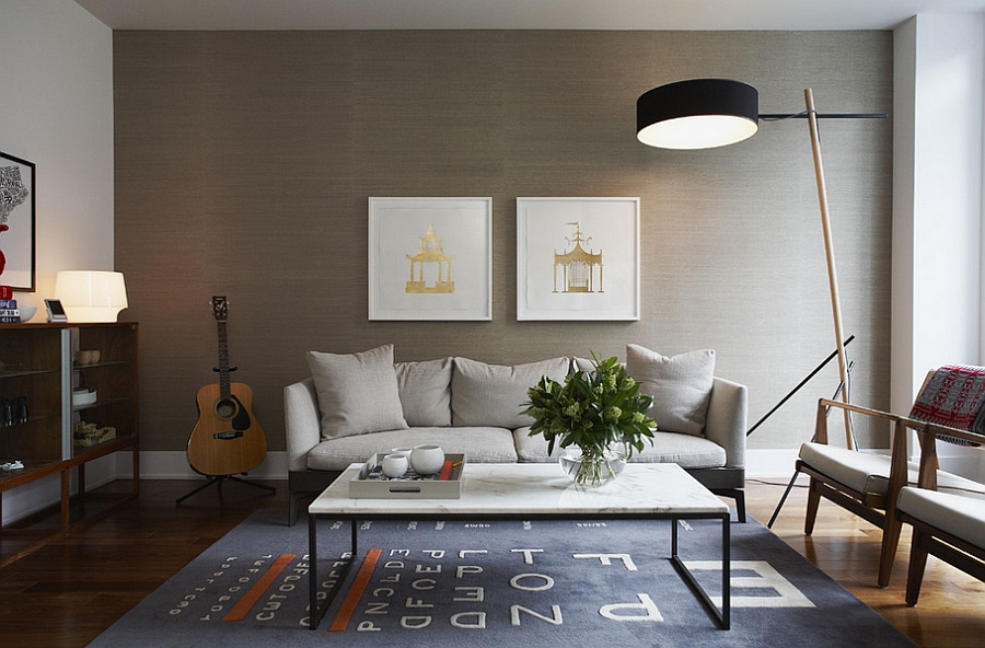 Grasscloth backdrop lets the framed artwork standout beautifully