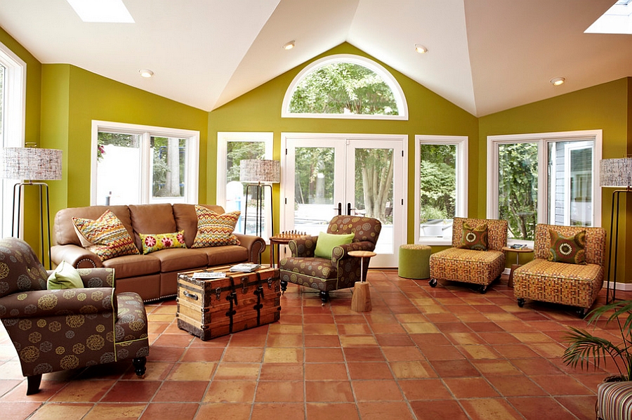 Green brings cheerful ambiance to this airy living room