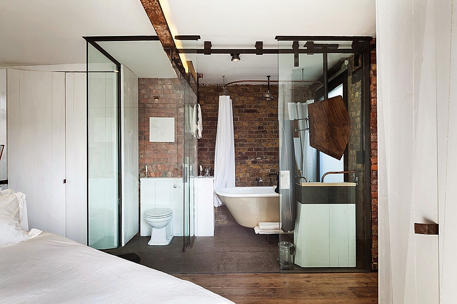 Innovative bathroom with glass walls in small London apartment [Design: Michaelis Boyd Associates]