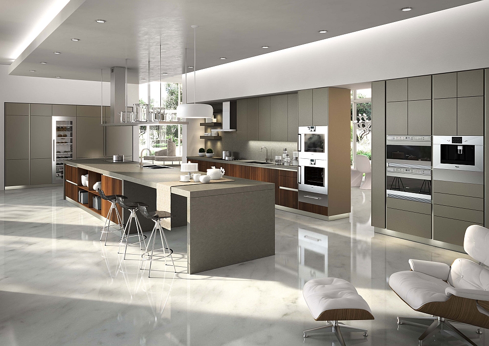 Innovative contemporary kitchen in light gray with wooden accents