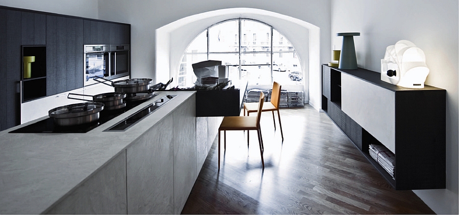 Interesting blend of textures and styles in the minimal, modern kitchen