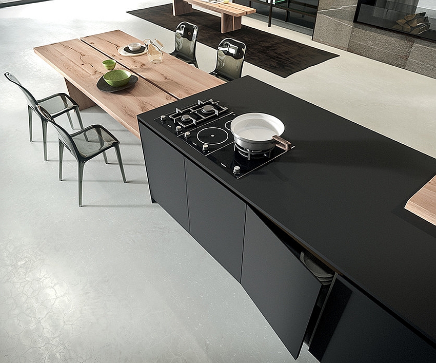 Kitchen island with an extended dining table in solid wood