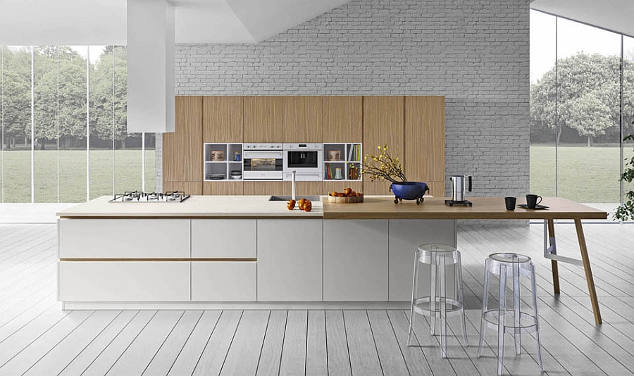 Kitchen with brick wall and wooden cabinets