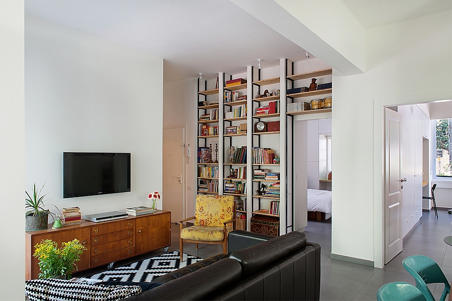 Large bookshelf in the living room becomes the focal point