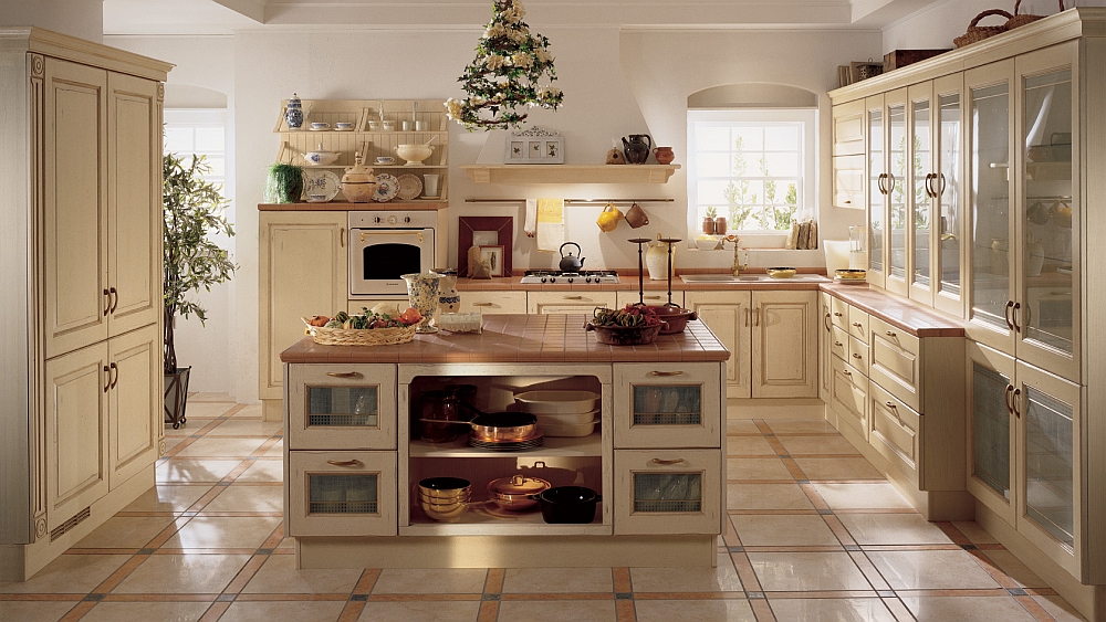 Large central island and glass door shelves for the kitchen