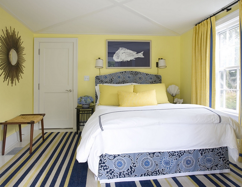 Lemon yellow and beautiful blue in the stylish bedroom