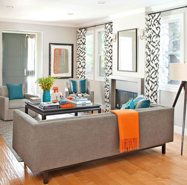 Living Room with Orange, Turquoise and Gray