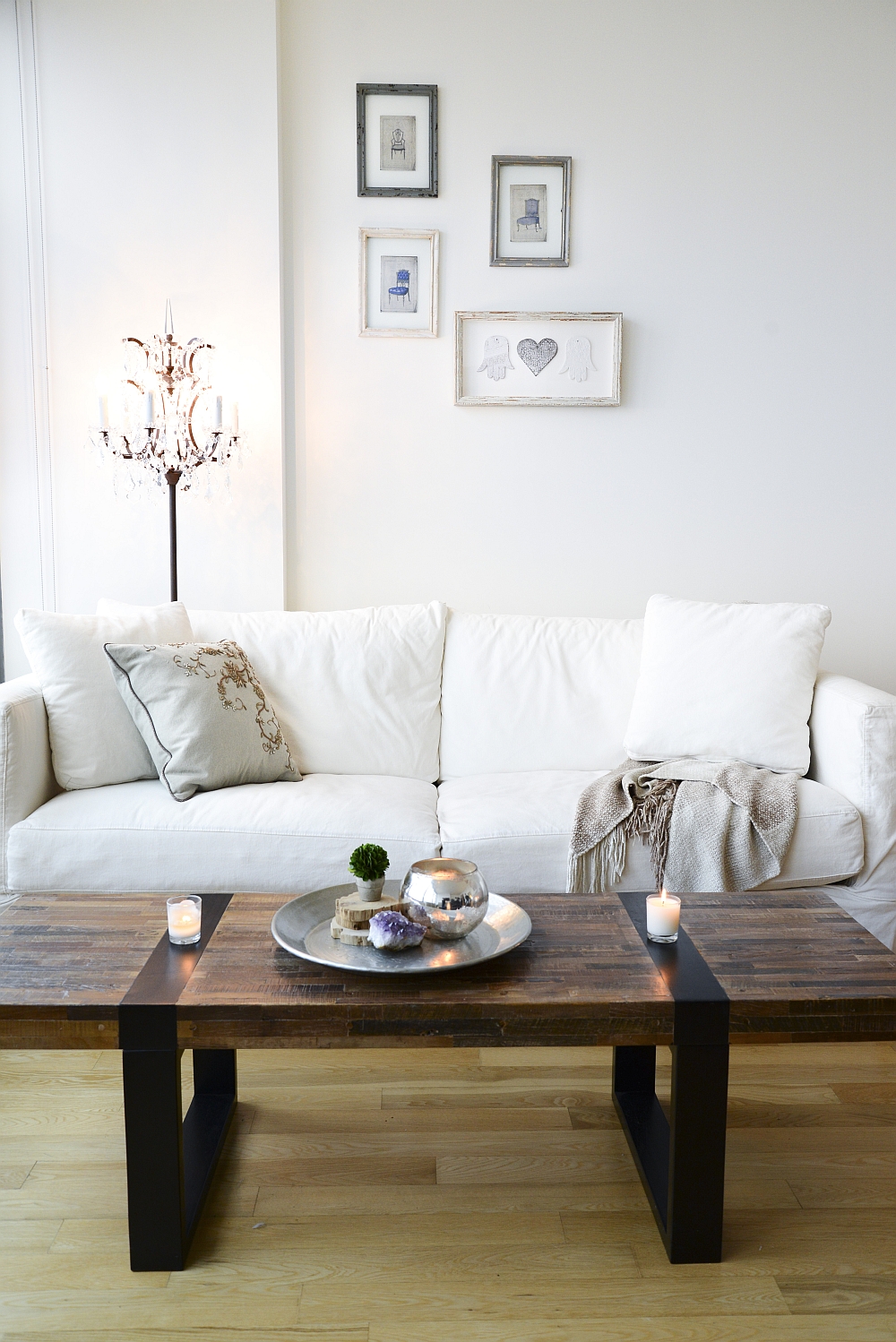 Living room with plush couch in white