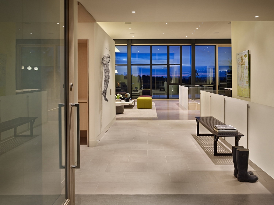 Lovely lighting enlivens the modern entryway