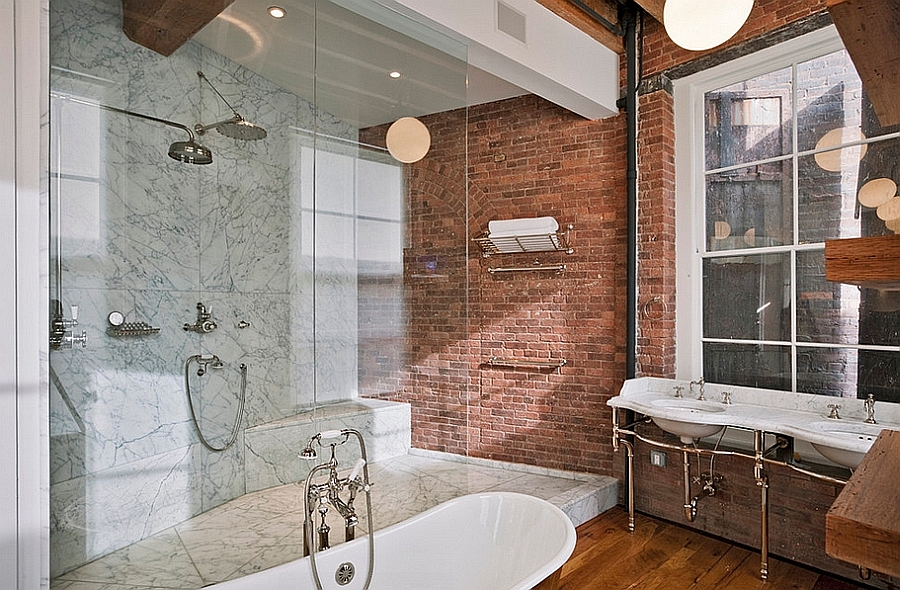 Lovely use of brick in the industrial bathroom