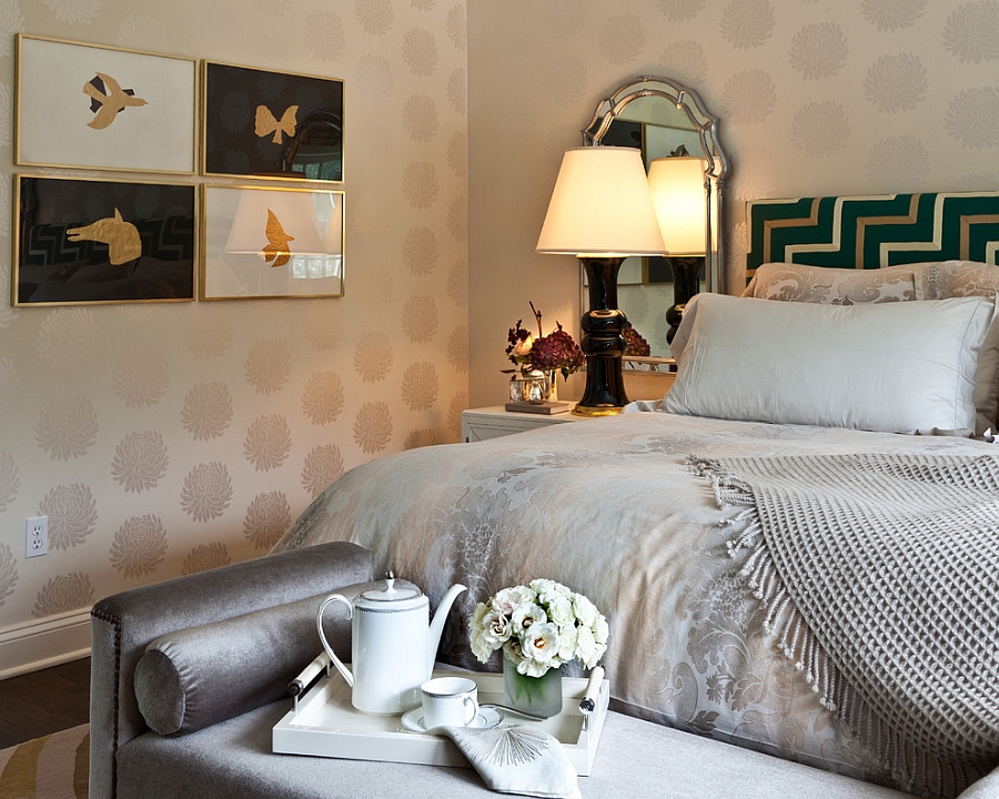 Lovely use of gold and black in the transitional bedroom