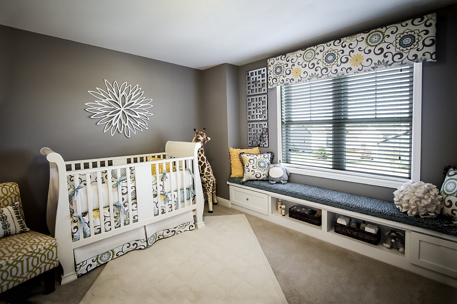 Lovely window seat addition in the modern nursery [Design: Veridian Homes]