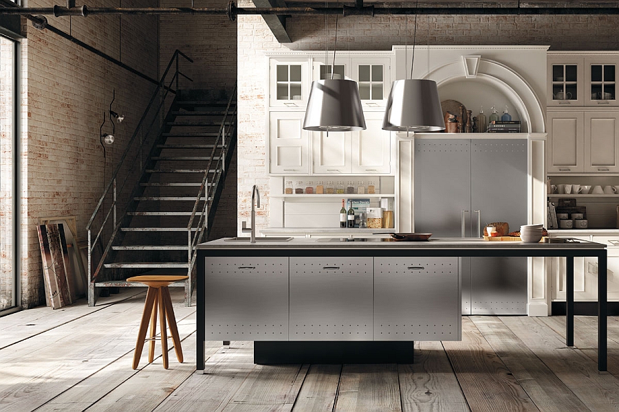 Metallic kitchen island with lots of storage space