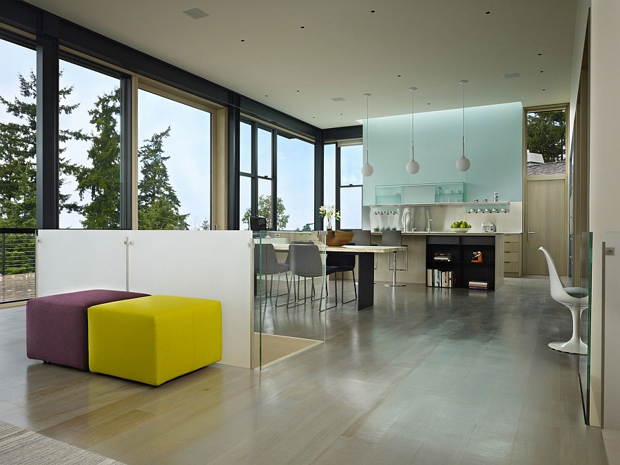 Modern kitchen and dining area with white oak flooring