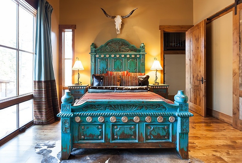 Modern rustic style in the bedroom with a turquoise bed