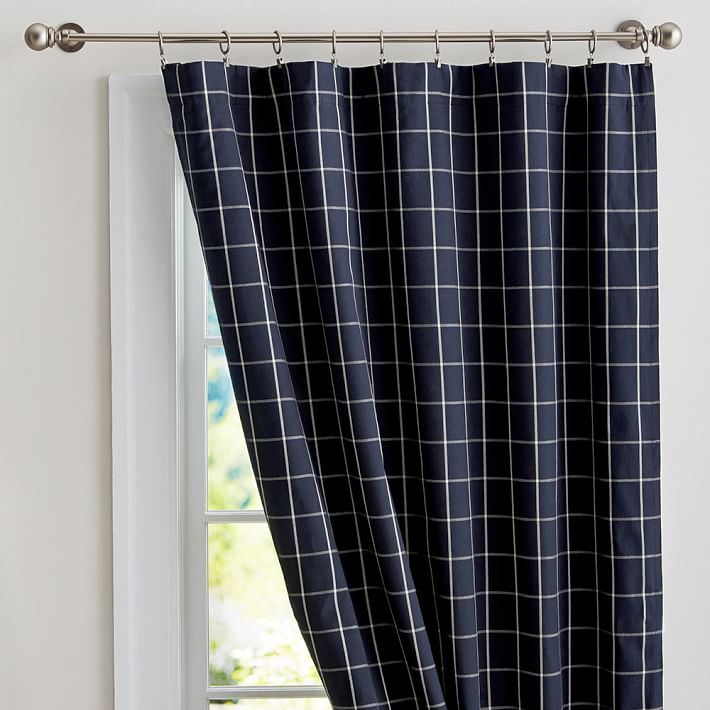 Navy grid drapes