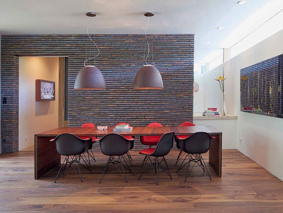 Oversized pendant lights above the dining table