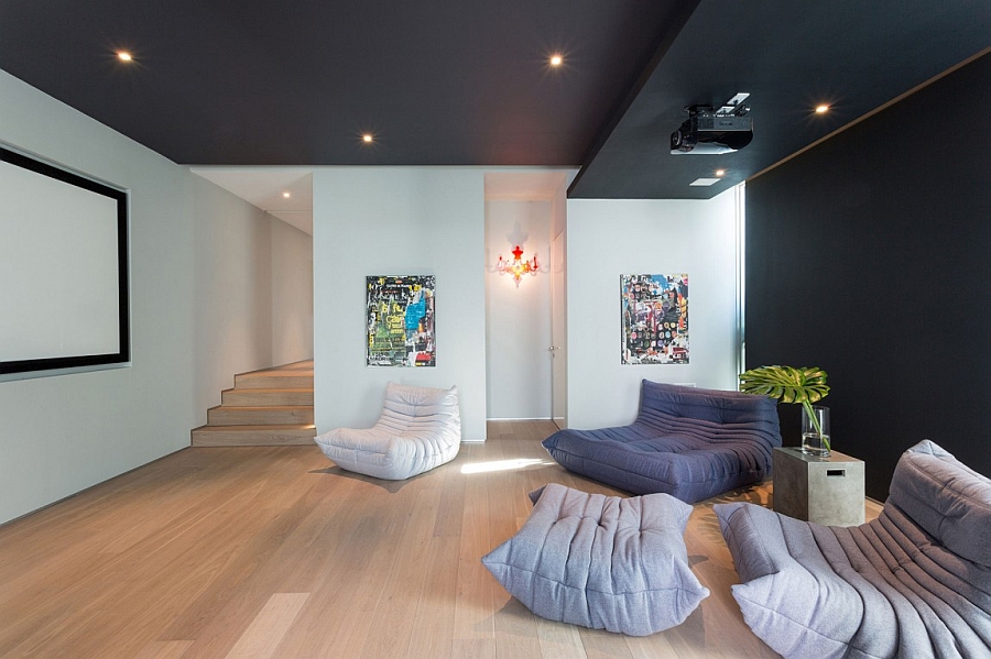 Plush Togo sofas add textural contrast to the uber-modern Miami beach house