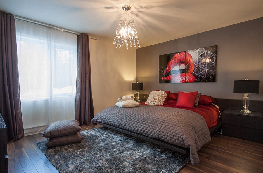 Posh bedroom in gray and red [Design: Le Blanc Home Staging & Relooking]