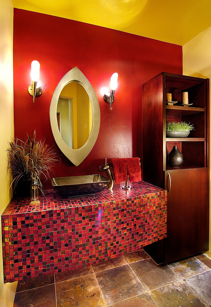 Red brings the wow factor to the small powder room