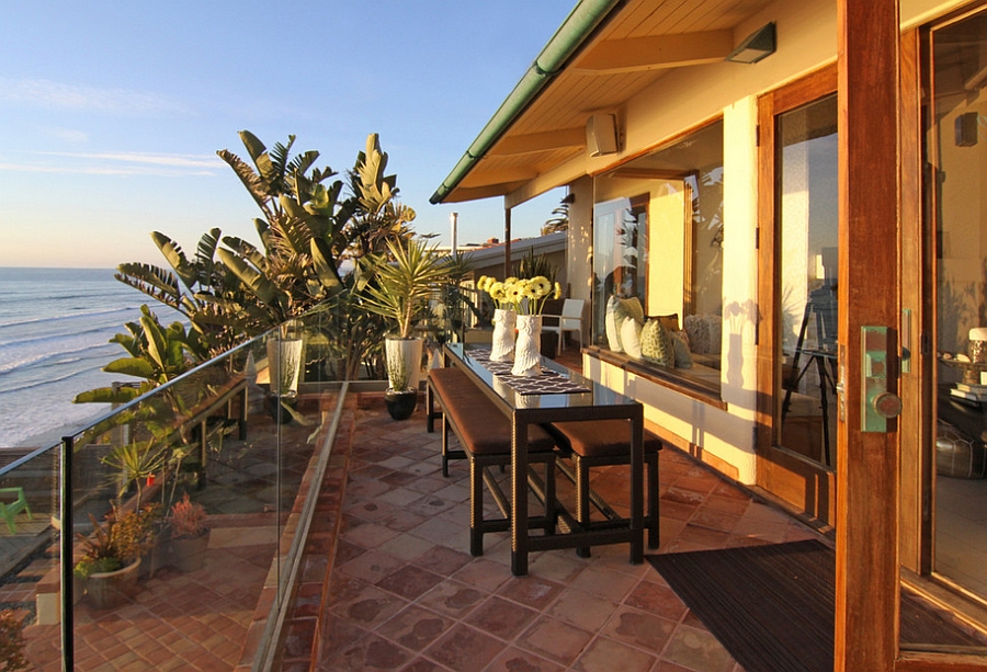 narrow outdoor dining table with bench