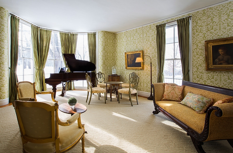 Silk drapery and wallpaper bring green into this home [Design: Leslie Brown Style & Design]